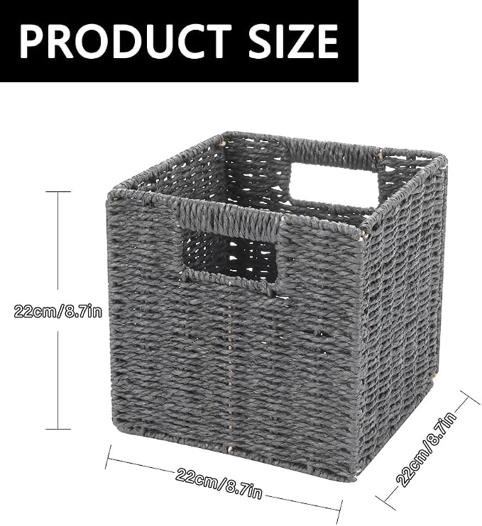 6 Pack 8.7 Inch Wicker Baskets, Paper Rope Storage Baskets | Foldable Cube Storage Bins Organizer Square Wicker Cubes for Shelves Pantry Organizing & Decor (Gray)