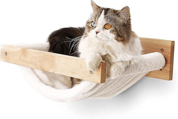 FUKUMARU Wall Mounted Cat Hammock | Wooden Kitty Beds and Perches Stable Cats Shelves For Sleeping, Playing, Climbing, Lounging