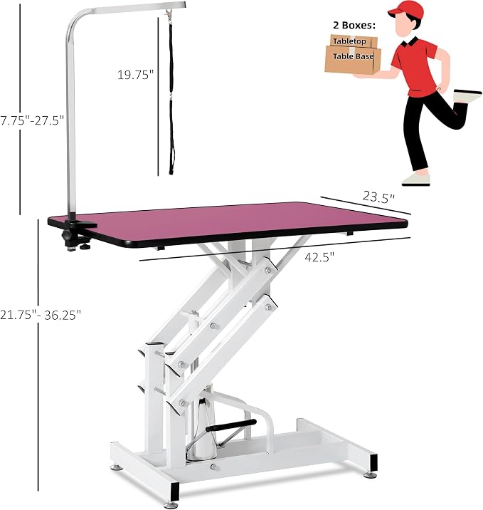 Hydraulic Dog Pet Grooming Table, 42 Inch Heavy Duty Professional Pet Grooming Station 21'' -36'' Height Adjustable for Small Medium Large Dog at Home with Clamps and Grooming Noose, Pink