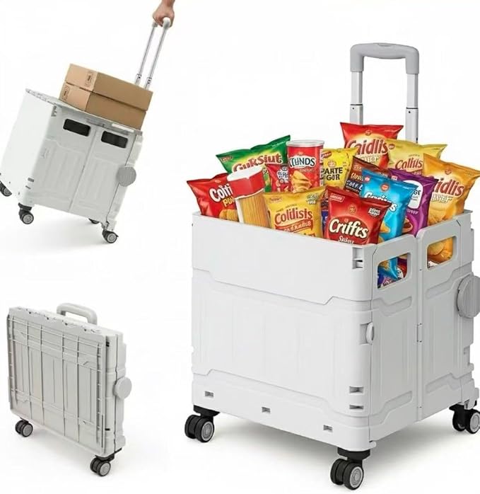 Foldable Utility Cart, Portable Rolling Crate with 360° Rotating Wheels, Detachable Lid,Telescoping Handle, Collapsible Trolley for Travel, Office, Grocery, and Storage (Extra Large Gray)