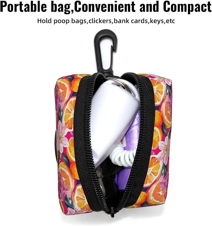 Citrus Orange Slices Flowers Pet Waste Bag Dispenser 0.2L | Portable Dog Poop Holder Waste Bag With Zipper Park Doggy Walking Accessory