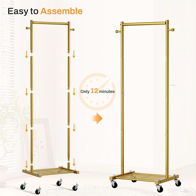 MISSLO Small Clothes Racks for Hanging Clothes Clothing Rack with Wheels 60" Garment Rack with Shelves Portable Rolling Wardrobe Rack for Small Space (Gold)