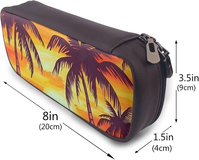 Leather Pencil Case Organizer Big Capacity Pencil Pouch Storage Bag With Compartments Cute Pencil Bag Sunset Palm Tree Pen Box Portable Cosmetic Makeup Bag Organizer