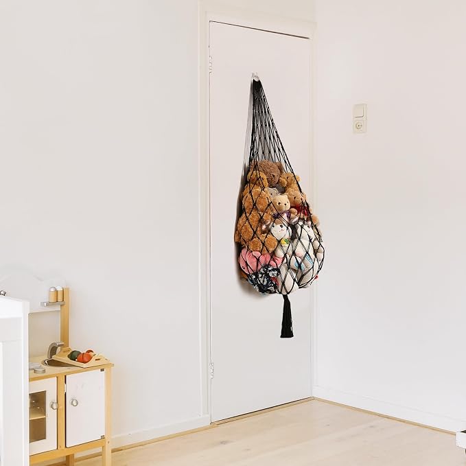 Amdermi Stuffed Animal Hammock Corner Hanging Net for Stuffy Animal Storage Macrame Toy Display Plushie Toy Holder-Perfect for The Tiny Space Walls, Kid Bedroom Decor Playroom Organizer (Black)