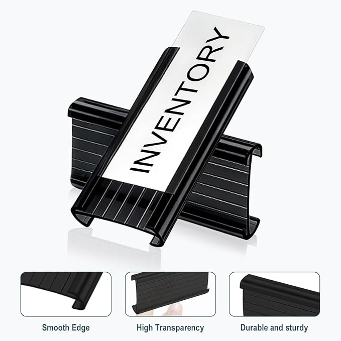 100Pcs Wire Shelf Label Holders with 100Pcs Label Paper Inserts, Black Plastic Wire Rack Label Holder Compatible with Metro and Nexel 1-1/4in Shelves, Label Area 3in Lx1.25in H