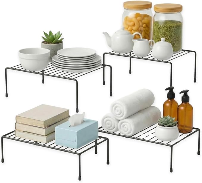 Evelots Wire Shelf Organizer, Large Metal Cabinet Risers, 4-Pack, Black | Four large rustproof metal shelf organizers create extra storage space in kitchen cabinets, pantries, freezers and bathrooms.