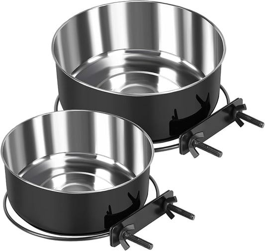 2 Pcs Black Large Pet Dog Food Water Bowl for Cage Stainless Steel Non-Spill Kennel Hanging Cats Bowls with Clamp Holder Crate Feeder Dish for Medium Large Dogs Huge Pets (7.1x2.5'' & 6.3x2.4'')