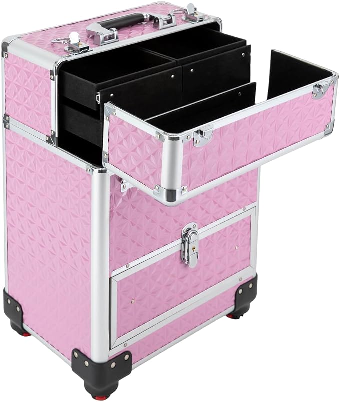 Rolling Makeup Train Case with Drawers, Cosmetic Travel Trolley, Storage Sliding Drawer 4 Tray Cosmetics Beauty Organizer Lockable Luggage Trolley w/ Wheels for Makeup/Nail Art/Hair Styling (Pink)
