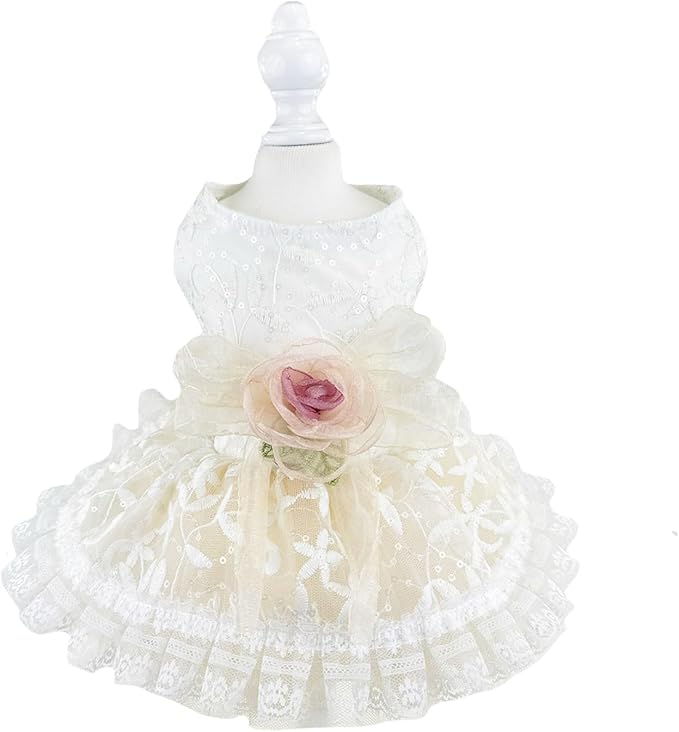 FLAdorepet Luxury Rose Lace Dog Dress with Leash Ring,Pet Bride Costume Clothes for Small Dogs Girls,Formal Dog Wedding Party Dresses Apparel (White, X-Small(Chest 11"|Weight 2-3Lbs))