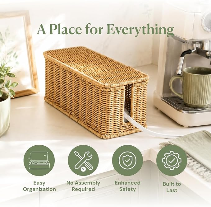 Cable Management Box, Handmade Rattan Cord Organizer for Power Strip | Open Slots Cord Hider for Power Strip, Router & USB Hub, Registered U.S. Design Patent