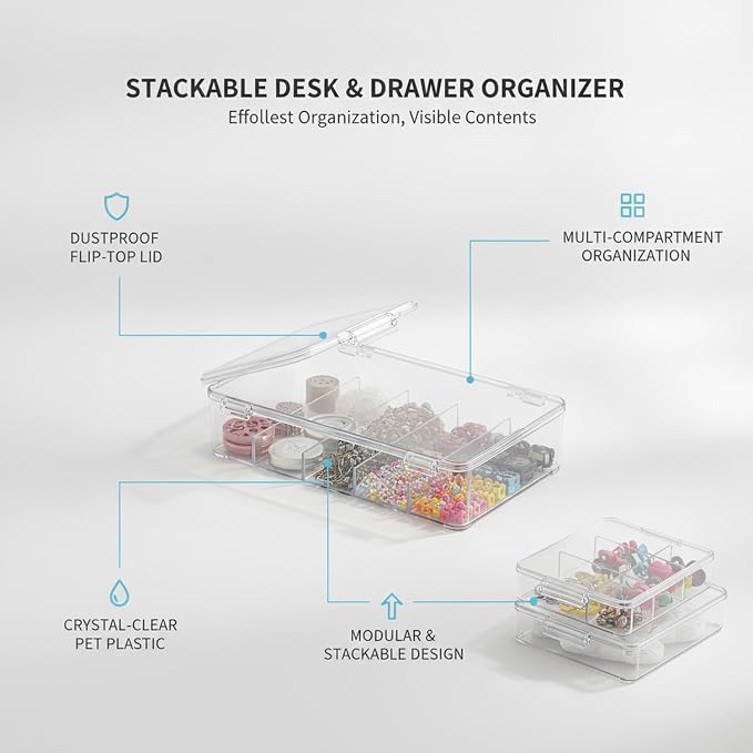 Stackable Storage Box with Compartments, Clear PET Plastic Organizer for Desk and Drawer, Dustproof Flip-Top Lid (1 PC)
