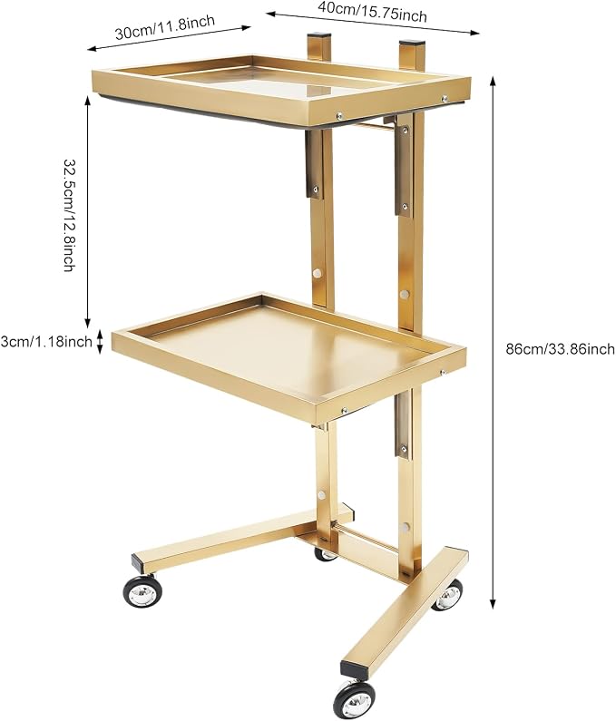 2 Tiers Salon Tray on Wheels for Beauty Salons and Pet Shops Gold | Stainless Steel, H-Shaped Base, Foldable Trays for Easy Storage, Rounded Edges for Safe Handling, Circular Handle for Lifting