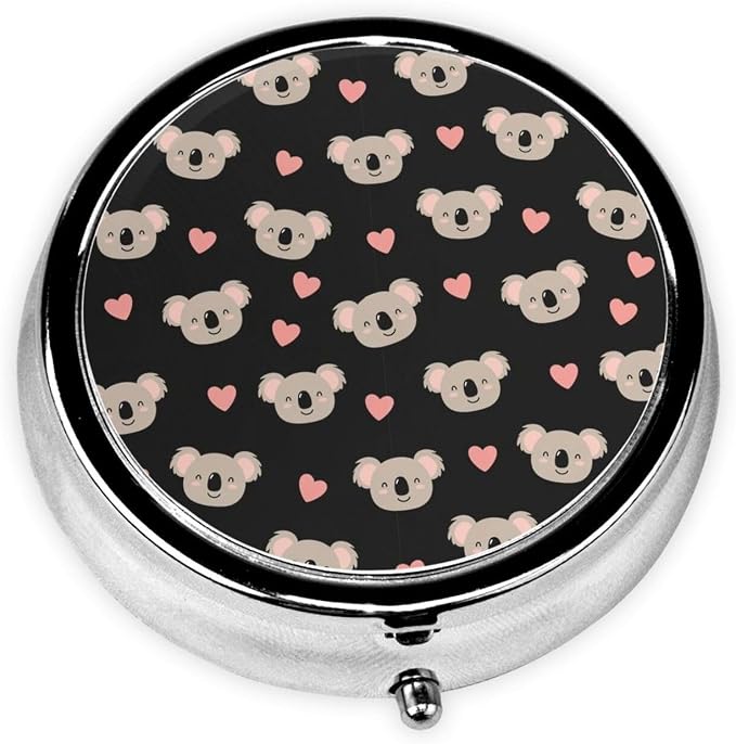 Travel Pill Container, Cute Koalas and Pink Hearts Round Metal Organizer, 3-Section Case for Medicine, Pocket Purse Dispenser for Business Travel