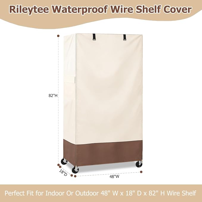 Rileytee Wire Shelf Cover,Heavy Duty 600D Dustproof Waterproof Shelf Covers for Wire Shelving,Outdoor Storage Rack Cover for Rack with Zipper,48"W x 18"D x 82"H,(Beige & Brown)