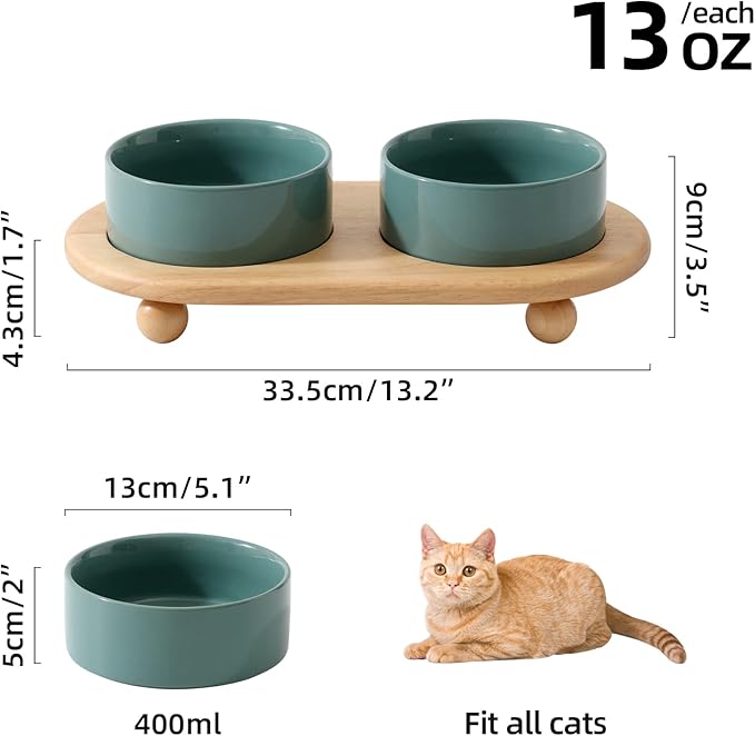 Havniva Ceramic Elevated Cat Food and Water Bowl, Kitty Bowl, Raised Cat Dish, Pet Feeder (5.1 in, 2 x Dark Green + Stand)