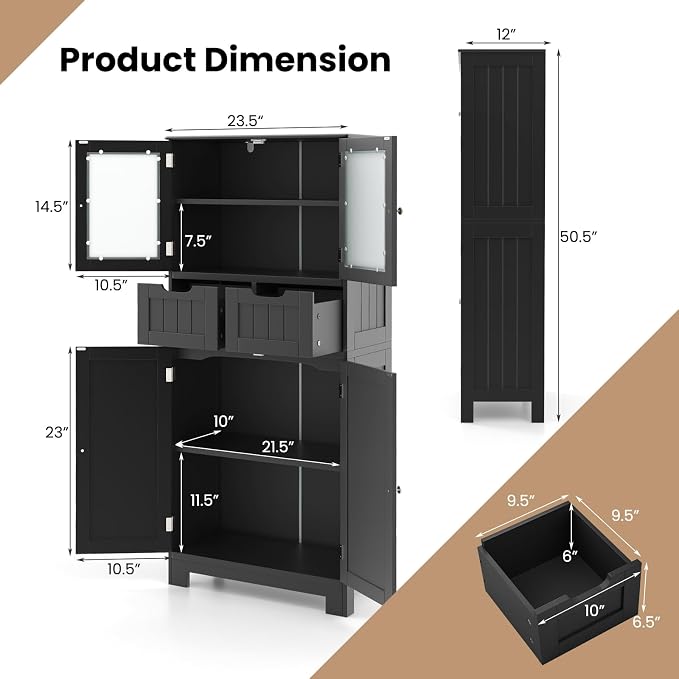 LOKO Bathroom Floor Cabinet, Storage Organizer with Glass Doors, Wooden Kitchen Cupboard with Adjustable Shelf for Living Room (Floor Cabinet with 2 Additional Drawers, Black)