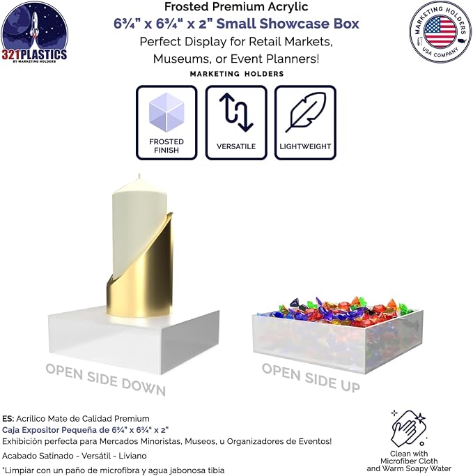 Acrylic Display Box with One Open Side 6.75" x 6.75" x 2 No Lid Versatile Frosted Plexiglass Merchandise Storage Bin or Retail Product Riser by Marketing Holders