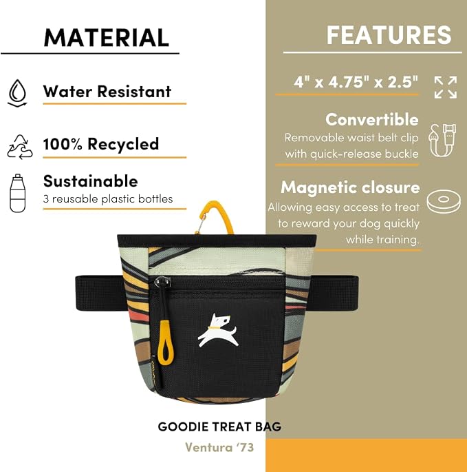 OllyDog, Goodie Treat Bag, Dog Treat Training Pouch | Magnetic Closure | 3 Ways to Wear | Hands-Free Waist Belt | Water-Resistant Recycled Vegan Fabric (Ventura '73)