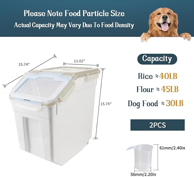 50LB Large Flour Storage Container Bin,2 Pack Airtight Plastic with Wheels Seal Locking Lid Dispenser Organizer Bin with Measuring Cup & Scoop for Flour, Rice, Grain 100LBS Total Capacity(Grey)