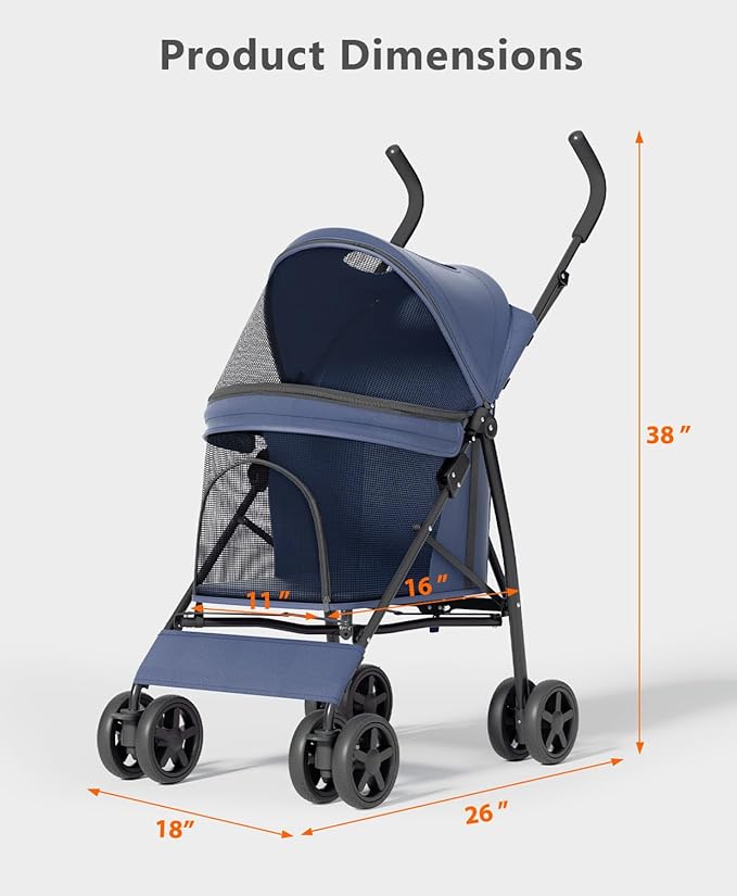 OS MOTOR 4 Wheels Pet Stroller for Small Medium Pets, Navy Blue | Foldable Carrier Jogger, Rear Wheel Breaks, Storage Basket, Visible Mesh Weather Cover, Portable, Dog, Cat, Puppy, Kitty
