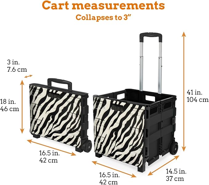 Ultra-Slim Rolling Collapsible Storage Pack-N-Roll Utility-carts, with Telescopic Handle, for Home, Garden, Shopping, Office, School use, Large, Zebra