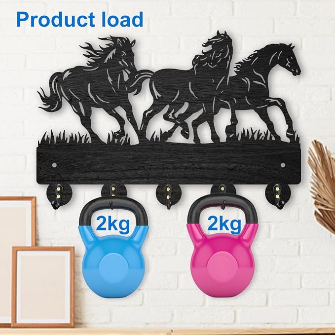 MAYJOYDIY Horse Coat Hooks Wall Mounted 11.8×7.9inch Running Horse Key Holder for Wall Wood Key Rack Hanger with 5 Alloy Hooks for Wall Art Decor Entryway Front Door Gift