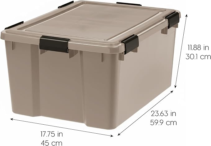 IRIS USA 4-Pack 63 Qt Storage Bins with Gasket Lids, Tan | WeatherPro seal helps protect bulky items for moving, garage, attic and basement storage