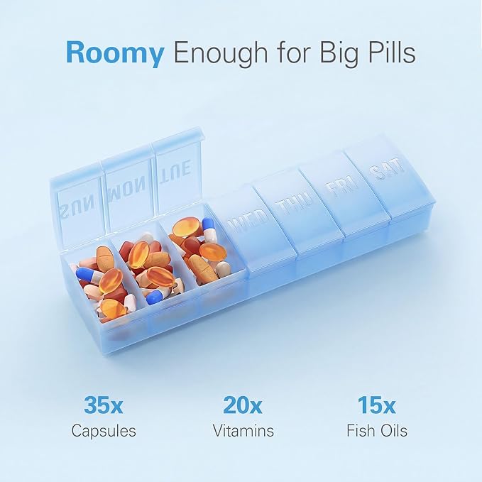 Barhon Large Weekly Pill Organizer, Big Vitamin Organizer Case for 7 Day, Travel Medicine Pill Box to Hold Various Supplements and Fish Oil, Sky Blue