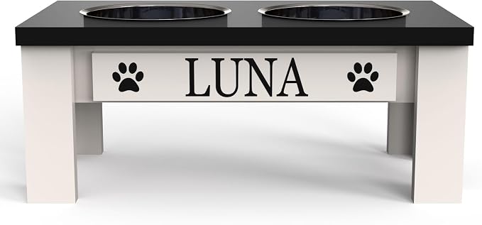 Personalized Dog Bowls Stand for Small Dogs, Wood Elevated Feeding Station | Farmhouse Style, Stainless Steel Dishwasher Safe Bowls, Raised Anti-Slip Feeder, Made in USA