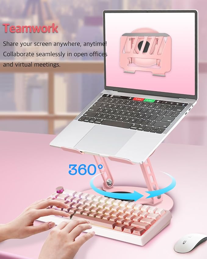 360° Rotating Adjustable Laptop Stand Perfect for Work, Painting,Office,Travel,Home,Fits MacBook & Laptops up to 13-15",Dual Rotary Shaft,Folding Design-Pink