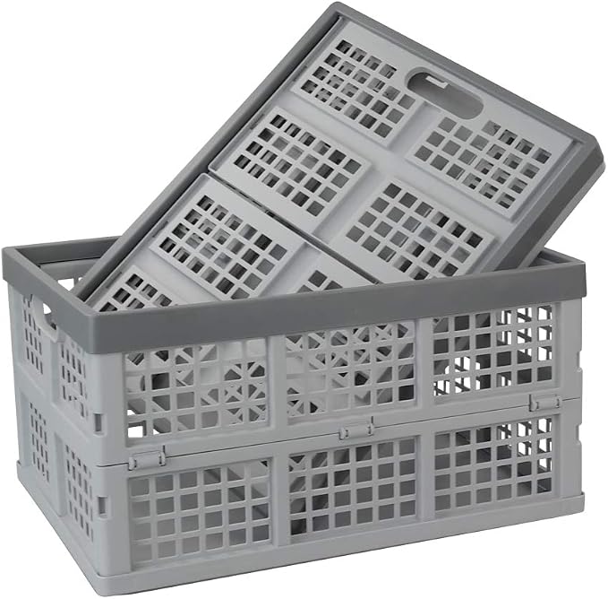 34 L Plastic Collapsible Milk Storage Crates Baskets, 2-Pack, Grey | Foldable Stackable Storage Container Crate
