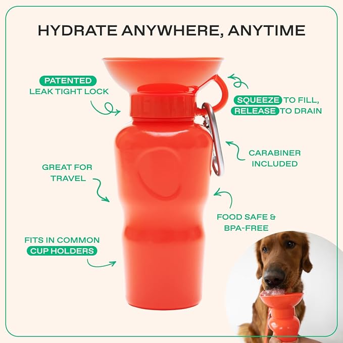 Springer Dog Water Bottle | Portable Travel Drinking Feeder Dispenser for Dogs & Puppies | As Seen on Shark Tank | Leak-Proof Bowl | BPA-Free | Outdoor Walking, Hiking & Travel | 22oz Classic Poppy