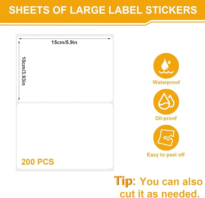 200 Pcs Storage Bin Labels, 6 X 4 in, Removable, with Marker Pen | Tear Resistant, Water and Oil Resistant, Blank Writeable Labels for Moving, Home, School, and Office Use