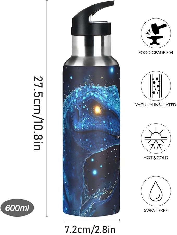 Tech Dinosaur Blue Galaxy Water Bottle with Straw Lid Kids Insulated Stainless Steel Water Flask Sports, 20 Oz Hot Cold
