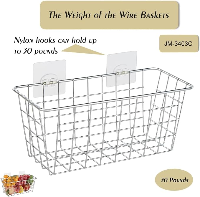 JUNCHU CHERRY 2 Pack Hanging Storage Basket, Bathroom Basket, Household Goods, with Traceless Tape, no Drilling, for Cabinet Storage, Kitchen, Bathroom, Storage Room,Chrome