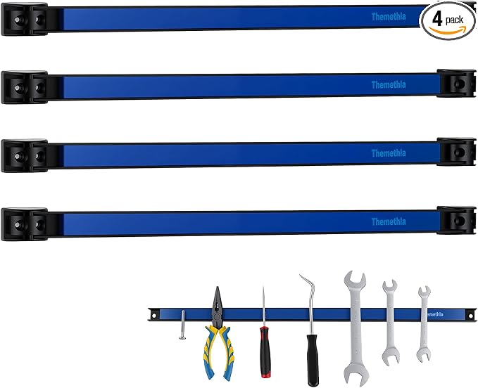 18" Magnetic Tool Holder Strip, 4 Pieces Blue Metal Tool Organizer Rack with Stainless Steel Surface, Magnet Bar for Garage Workshop, Easy To Install with Mounting Screws