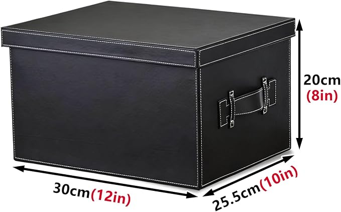 Premium Leather Storage box With lid Reinforced Handle Stackable Multi Purpose Organizer for Home Office Garage Camping Dorm pet Supplies Outdoor Storage Cabinet(Obsidian black,30cm/12in)