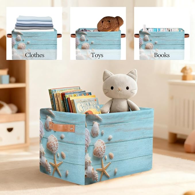 Pardick Storage Baskets Bin, Summer Wood Seashell Starfish Collapsible Canvas Fabric Storage Bin Decorative Baskets Toy Organizer Rectangle Storage Boxes with handles for Home Shelves Nursery,A-5