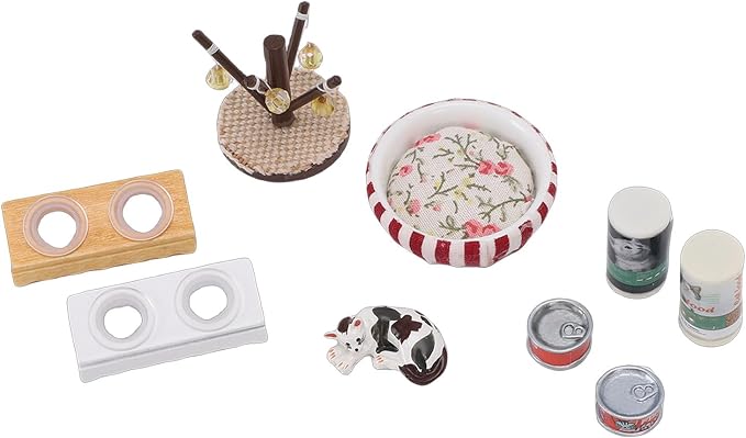 Focket 1:12 Dollhouse Cat Figurines, Miniature Dollhouse Accessories with Cat Bowl Stand and Bed, for Pet Lifestyle Display and 1/12 Scale Model Houses
