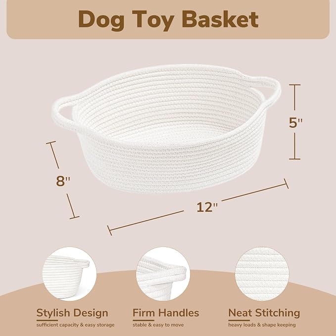 Goodpick Small Woven Rope Gift Basket Empty, 12"x 8"x 5" Boo Basket, White | Baby Basket for Baby Showers Toys, Fits Living Room Nursery Bedroom Organization, Dog Toy Storage, with Durable Handles