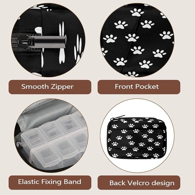 Weekly Pill Organizer Travel Size Bag with Removable 7 Day Pill Box Portable Vitamin Case Purse with Zipper,White Pet Paws Black