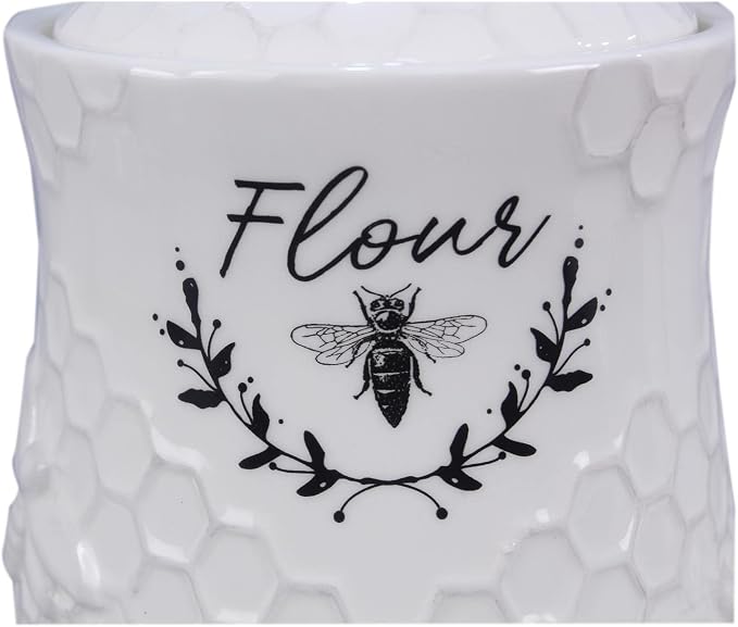 Young's Inc Ceramic Honey Bee Kitchen Canister Set of 4, Farmhouse Food Storage Containers for Flour Sugar Coffee Tea, Honeycomb Kitchen Decor with Lids, Hand Wash Only, Designed in USA