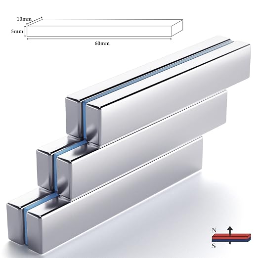 FINDMAG Strong Bar Magnets with Adhesive Backing, 6 Pack, 60x10x5mm | Heavy duty adhesive magnets with a thick bar profile; for cabinet doors, shower door repairs, toolboxes and workshop fixtures
