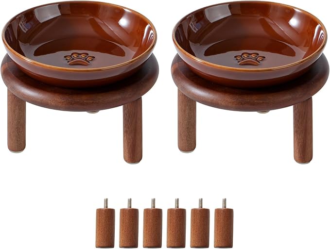 Havniva Elevated Cat Bowls, Ceramic Cat Bowl with Wood Stand, Wide Opening | 5.7” Raised Cat Food Bowls, Whisker Friendly Cat Dish, Anti-Slip Cat Water Bowls, Shallow Cat Bowls, Cat Food & Water Bowl