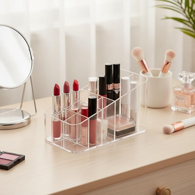Cosmetic Organizer with 12 Compartments, Transparent PET Storage Box for Lipstick and Makeup, Vanity Countertop Caddy (1 PC)