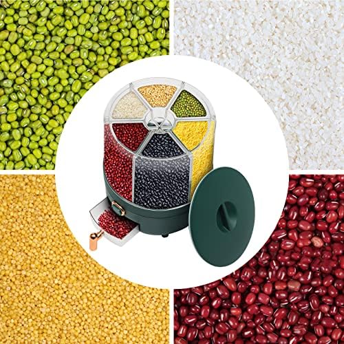 360° Rotating 6 Grid Rice & Cereal Dispenser, Dry Grain Storage Organizer | Rice Storage Container with Independent Drawer and Lid, Dry Food Dispenser for Store Rice&Various Beans, 14.33lbs Capacity