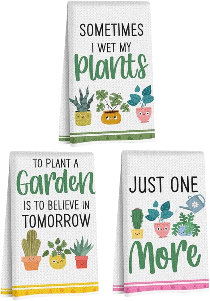 3 Pcs Funny Kitchen Plants Dish Towel 24x14 Inch, Plant Cactus Waffle Weave Hand Dish Towels Tea Towel for Kitchen Home Bathroom Farmhouse Decor, Plants Gifts for Women Mom Friend