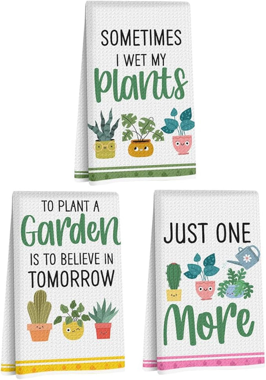 3 Pcs Funny Kitchen Plants Dish Towel 24x14 Inch, Plant Cactus Waffle Weave Hand Dish Towels Tea Towel for Kitchen Home Bathroom Farmhouse Decor, Plants Gifts for Women Mom Friend