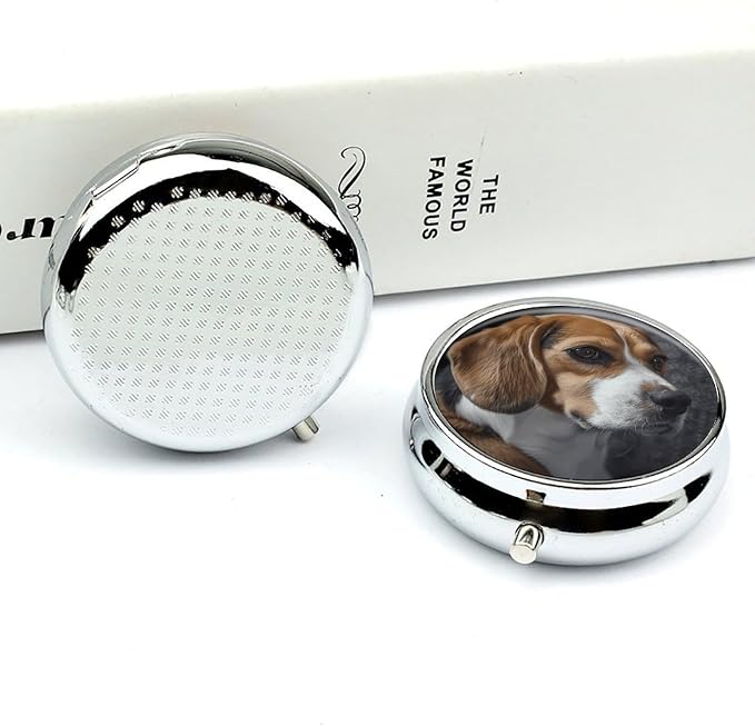 Ovely Pet Dog Beagle Round Pill Box for Organizer and Containers,Vitamin Case for Purse & Pocket Mini,Organizer Box- 3 Compartment to Hold Vitamins,Fish Oil and Supplements