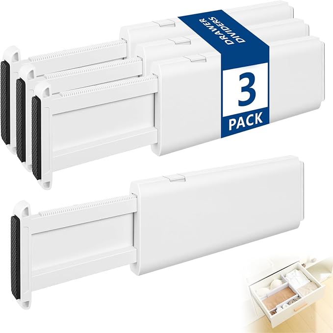 NUOOO Drawer Dividers Dresser Drawer Organizer 3 Pack Adjustable Kitchen Drawers Divider Plastic Separators for Clothes Desk Office Storage